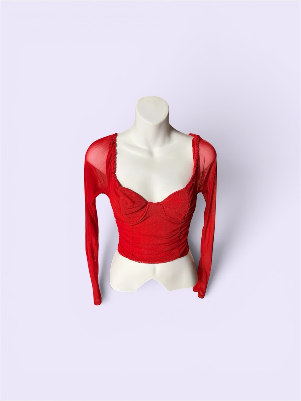 Red Mesh Long Sleeve Bustier Top